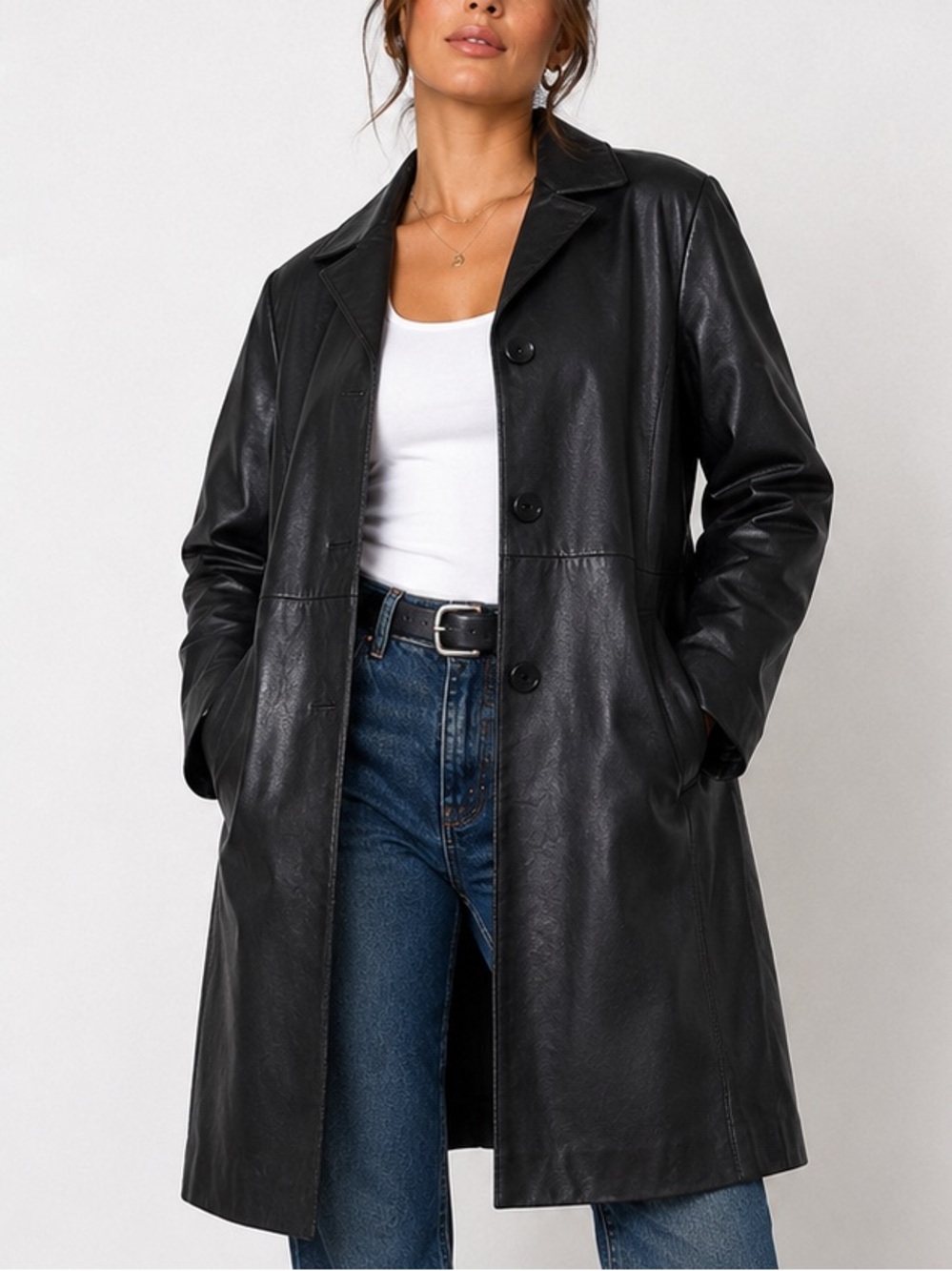 Y2K Vintage Juliet Michelle Black Leather Mid-Length Coat XL-poly/rayon lining